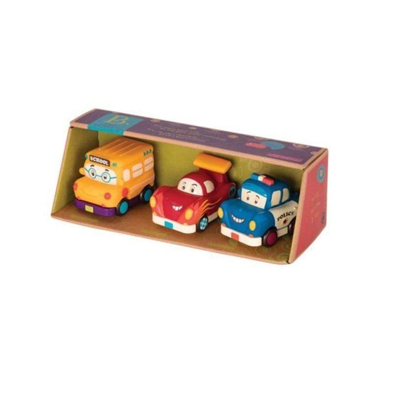 B.Toys 3'lü Mini Çek-Bırak Araba Seti - Okul Otobüsü/Yarış Arabası/Polis resmi