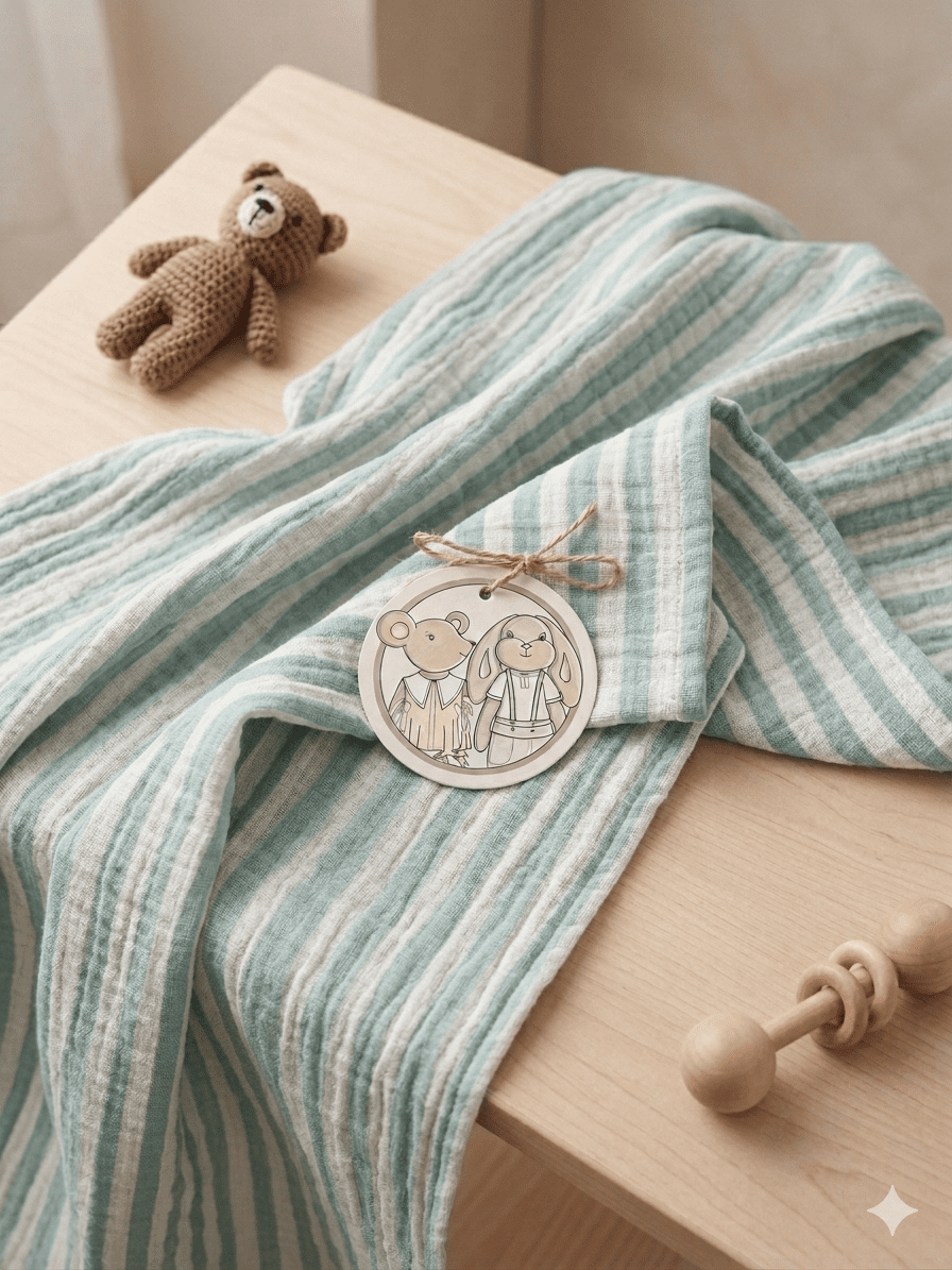 Lil and Lous Yeşil Beyaz Çizgili Müslin Örtü resmi